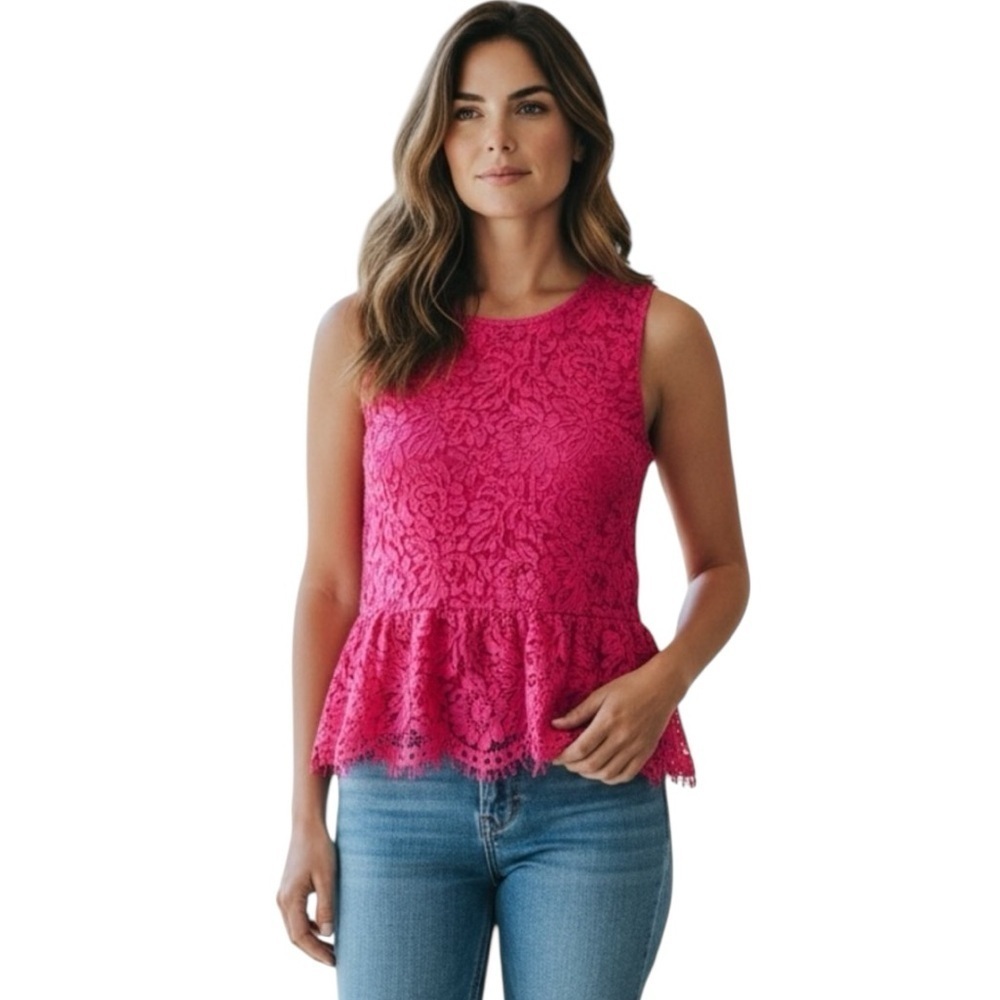 J.Crew Floral Lace Peplum Top Petite 2P Bright Pink Sleeveless F9782